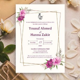 Invitación Boda musulmana islámica de flores rosa púrpura con