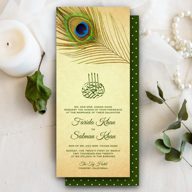 Invitación Boda musulmana islámica de la pluma de pavo real (Subido por el creador)