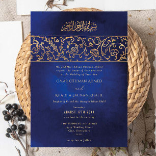 Invitación Boda Musulmana Islámica de Lujo Floral Dorado Azul