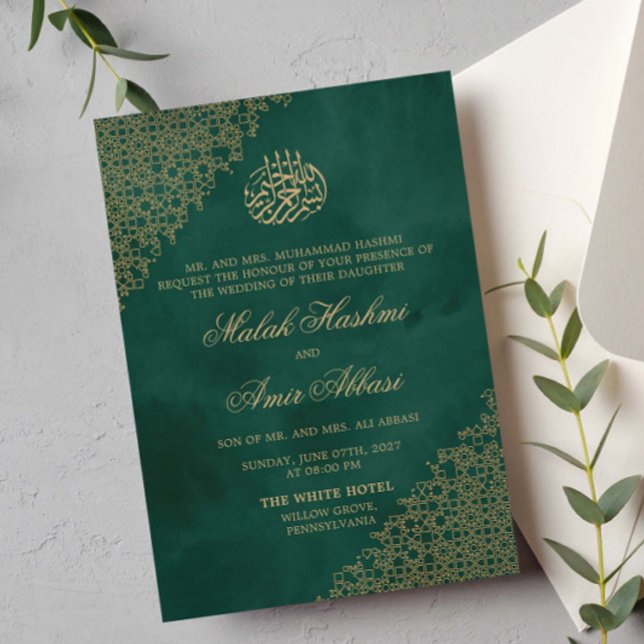Invitación Boda musulmana islámica del Ornato Dorado y Verde (Subido por el creador)