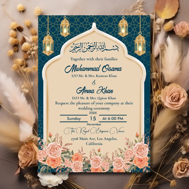 Invitación Boda musulmana islámica floral de oro azul verde a (Subido por el creador)