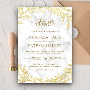Invitación Boda Musulmana Islámica Hojas de Oro Mármol Blanco