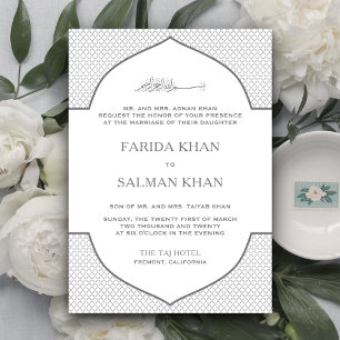Invitación Boda musulmana islámica marroquí gris y blanca