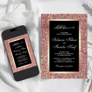 Invitación Boda Musulmana Islámica Negra con Brillo de Oro Ro