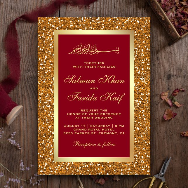 Invitación Boda Musulmana Islámica Rojo Brillo Oro Falso (Subido por el creador)
