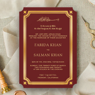 Invitación Boda Musulmana Islámica Tradicional de Oro Granate