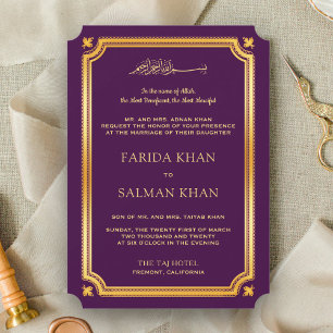 Invitación Boda musulmana islámica tradicional de oro púrpura
