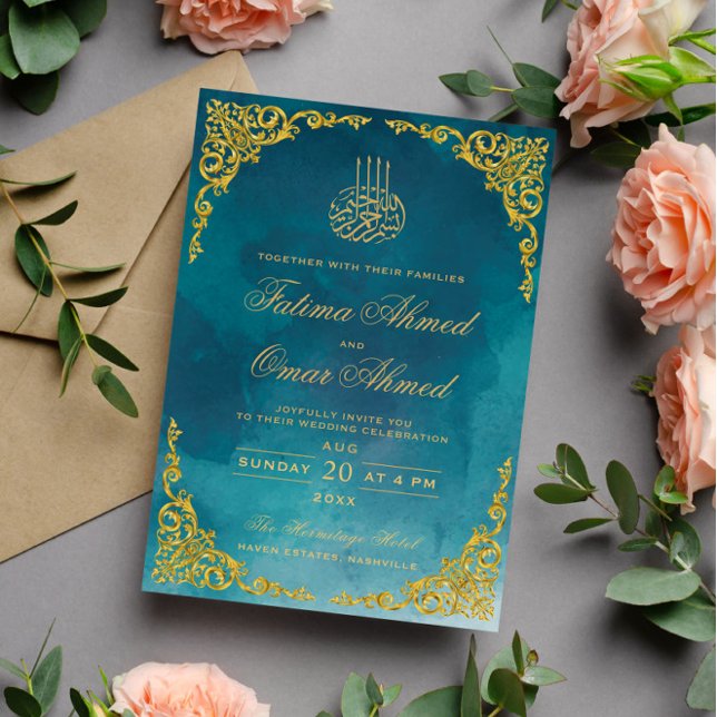 Invitación Boda musulmana islámica turquesa borde dorado chic (Subido por el creador)