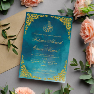 Invitación Boda musulmana islámica turquesa con borde dorado 