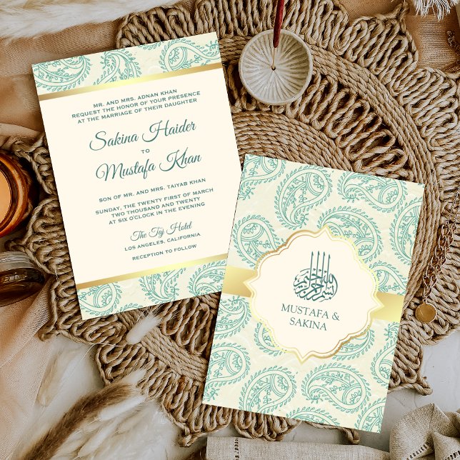 Invitación Boda musulmana islámica verde azulada y Gold Paisl (Subido por el creador)
