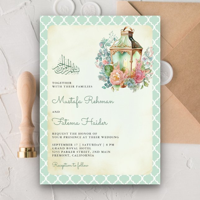 Invitación Boda Musulmana Linterna Verde Floral Rústica (Subido por el creador)
