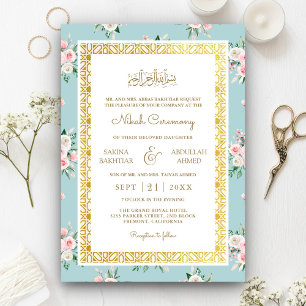 Invitación Boda Musulmana Marco Dorado Floral Rosa Azul