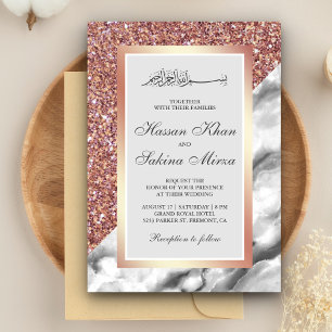 Invitación Boda Musulmana Mármol Blanco Gris Brillo Rosa Dora