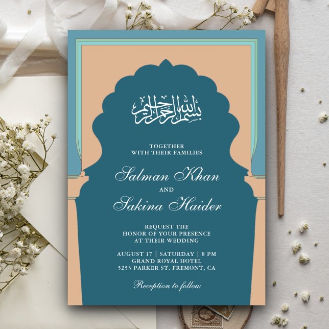 Invitación Boda musulmana mihrab azul vintage (Subido por el creador)