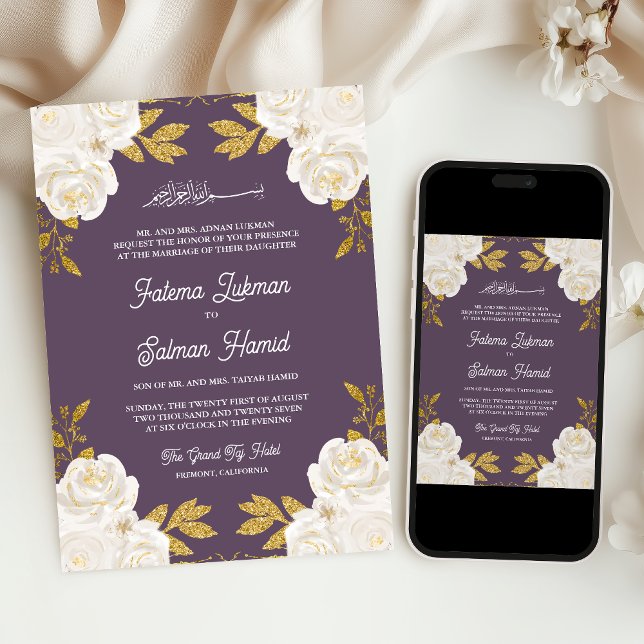 Invitación Boda Musulmana Morada con Oro Floral de Marfil (Subido por el creador)