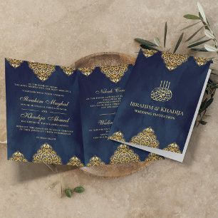 Invitación Boda Musulmana Motivo Islámico Dorado Azul Marino
