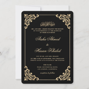 Invitación Boda Musulmana Negra con Letra Dorada Barroca Vint
