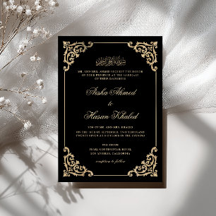 Invitación Boda Musulmana Negra con Letra Dorada Barroca Vint
