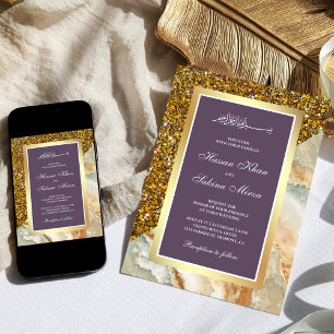 Invitación Boda Musulmana Polvo de Mármol Purpura Brillo Dora
