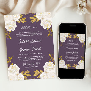 Invitación Boda Musulmana Polvo Dorado Floral Marfil Púrpura 
