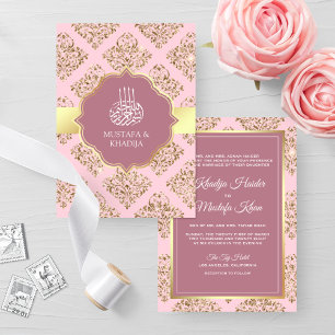 Invitación Boda Musulmana Rosa Malva Rústica Dorado Damask