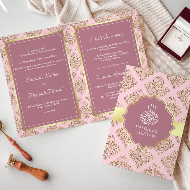 Invitación Boda Musulmana Rosa Malva Rústica Dorado Damask (Subido por el creador)