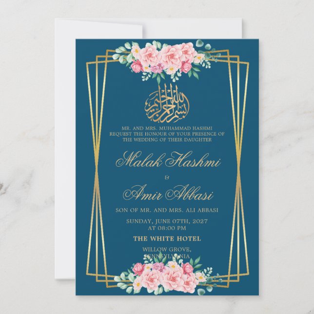 Invitación Boda musulmana rosa rosa azul azul (Anverso)