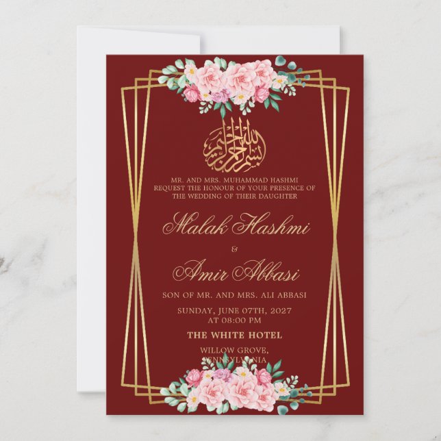 Invitación Boda musulmana rosa rosa burdeos moderno (Anverso)