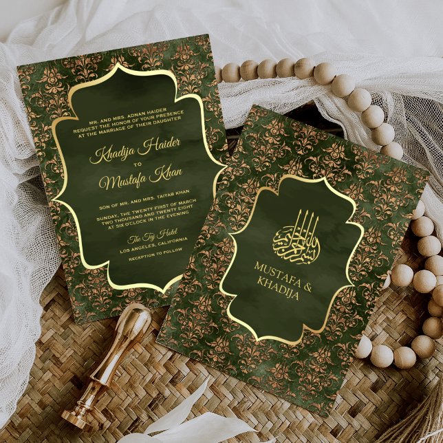 Invitación Boda musulmana Rustic Olive Green Gold Damask (Subido por el creador)