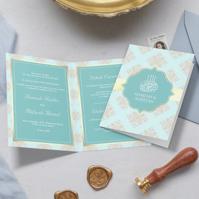 Invitación Boda musulmana Rustic Pastel Aqua Blue Damask (Subido por el creador)
