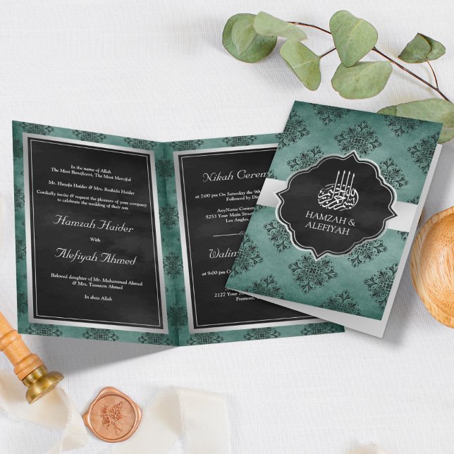 Invitación Boda musulmana Verde azulada de plata rusa en dama (Subido por el creador)