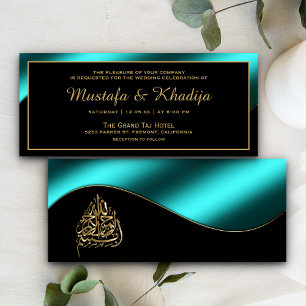 Invitación Boda musulmana Verde azulada y dorada metálica