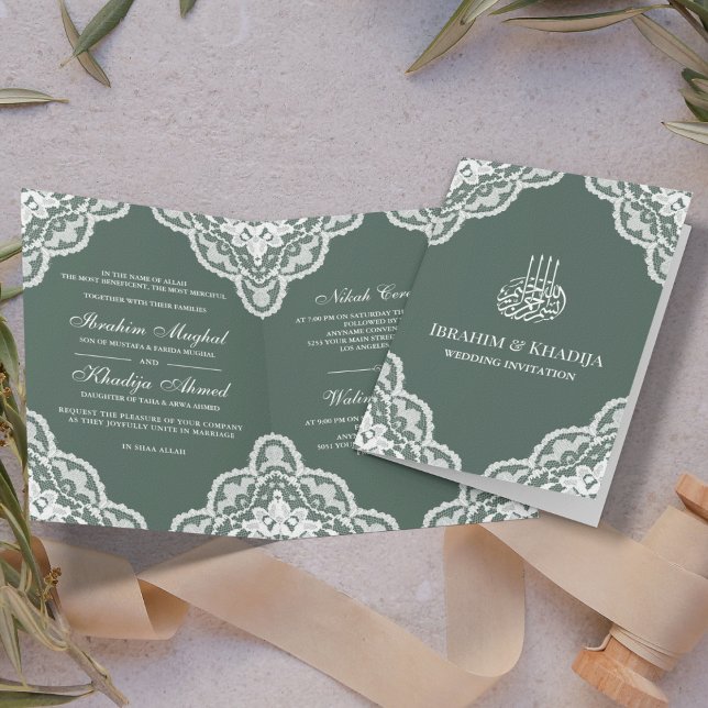 Invitación Boda musulmana verde de encaje blanco (Subido por el creador)
