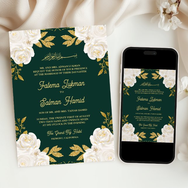 Invitación Boda musulmana verde esmeralda de oro floral de ma (Subido por el creador)