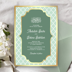 Invitación Boda Musulmana Verde Mint Patrón de Cuatrefoil Dor