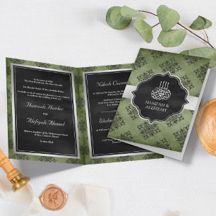 Invitación Boda musulmana verde oliva plateado de Damasco neg