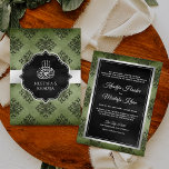 Invitación Boda musulmana verde oliva plateado de Damasco neg<br><div class="desc">Sorprende a tus invitados con esta elegante invitación de boda que presenta un hermoso patrón de damasco con "Bismillah" en caligrafía árabe. Simplemente agregue los detalles de su evento en esta plantilla fácil de usar para convertirla en una invitación única.</div>
