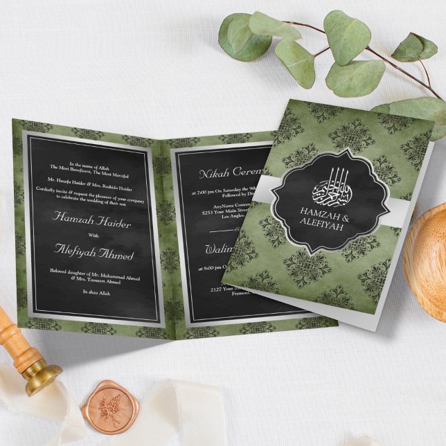 Invitación Boda musulmana verde oliva plateado de Damasco neg (Subido por el creador)