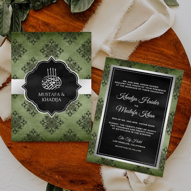Invitación Boda musulmana verde oliva plateado de Damasco neg (Subido por el creador)