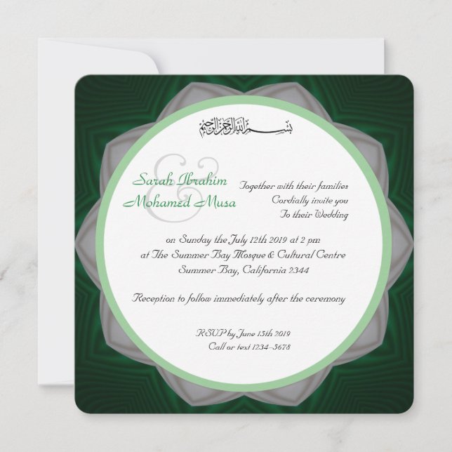 Invitación Boda musulmana verde y blanca (Anverso)