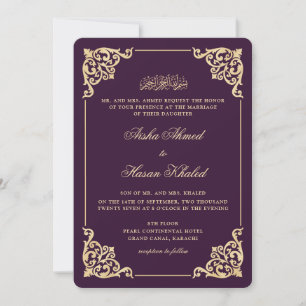 Invitación Boda musulmana victoriana barroca de ciruela dorad
