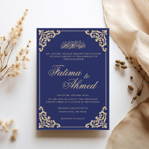 Invitación Boda musulmana victoriana barroca dorada azul real