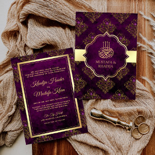 Invitación Boda Musulmana Vintage Rústica Dorada Púrpura Dama
