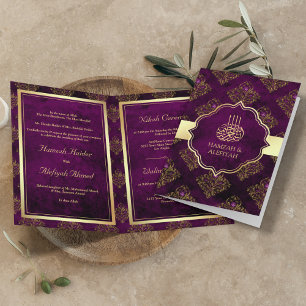 Invitación Boda Musulmana Vintage Rústica Dorada Púrpura Dama
