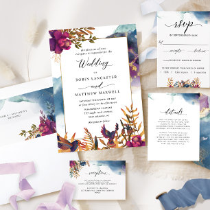 Invitación Boda Mystic Garden Purple, Verde azulado, azul y o