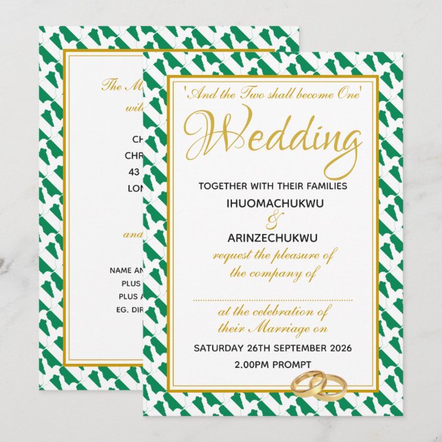 Invitación Boda Naija de la Escritura Cristiana de NIGERIA (Anverso / Reverso)
