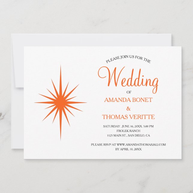 Invitación Boda naranja Atómico Starburst Mid Century (Anverso)