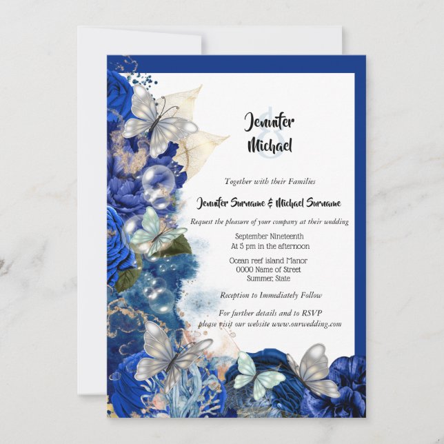 Invitación Boda naranja azul de mariposa de playa tropical (Anverso)