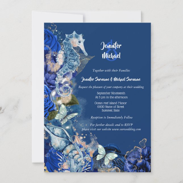 Invitación Boda naranja azul mariposa de playa caballito de m (Anverso)