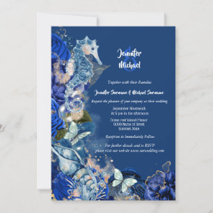 Invitación Boda naranja azul mariposa de playa caballito de m